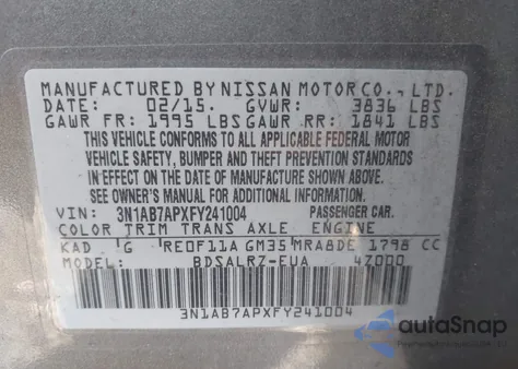 2015 Nissan Sentra Sr из США, поврежденный, VIN 3N1AB7APXFY241004